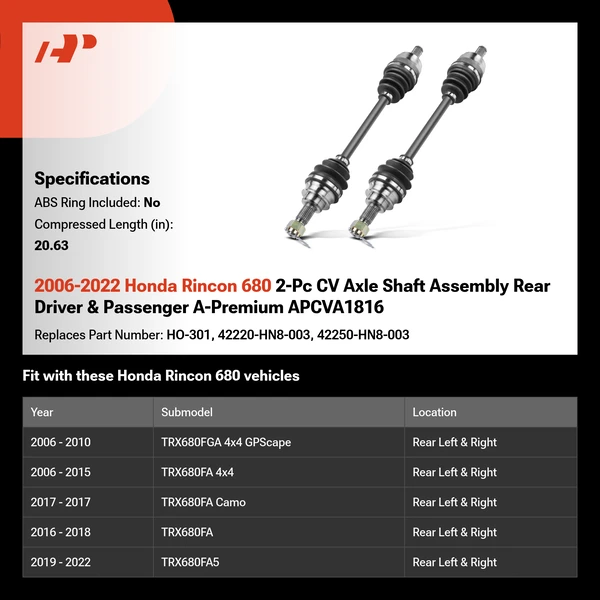 2006-2022 Honda Rincon 680 2-Pc CV Axle Shaft Assembly Rear Driver & Passenger A-Premium APCVA1816