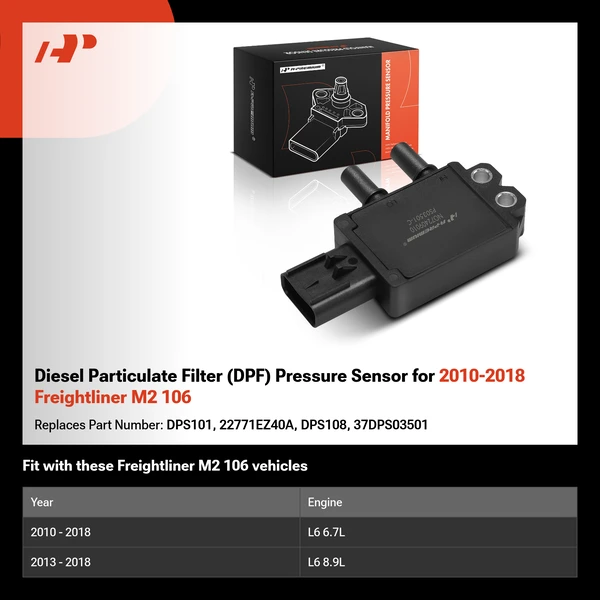Diesel Particulate Filter (DPF) Pressure Sensor for 2010-2018 Freightliner M2 106