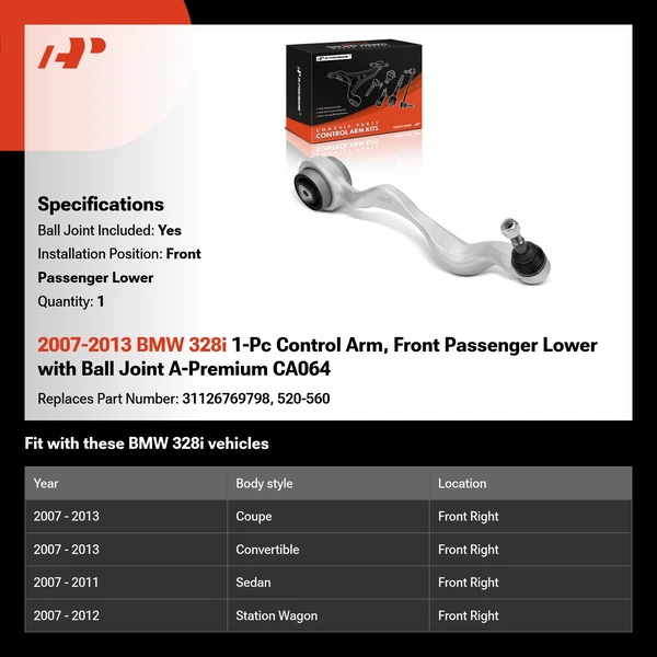 2007-2013 BMW 328i 1-Pc Control Arm, Front Passenger Lower with Ball Joint A-Premium CA064
