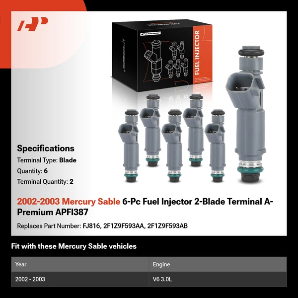 2002-2003 Mercury Sable 6-Pc Fuel Injector 2-Blade Terminal A-Premium APFI387