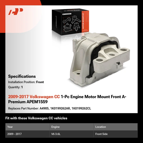 2009-2017 Volkswagen CC 1-Pc Engine Motor Mount Front A-Premium APEM1559