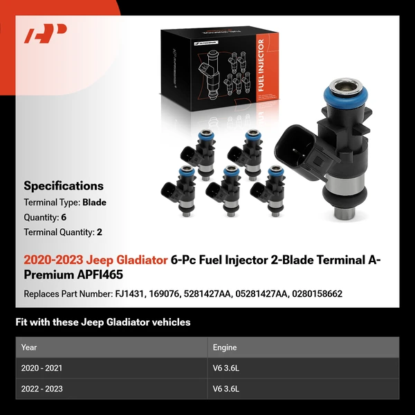 2020-2023 Jeep Gladiator 6-Pc Fuel Injector 2-Blade Terminal A-Premium APFI465