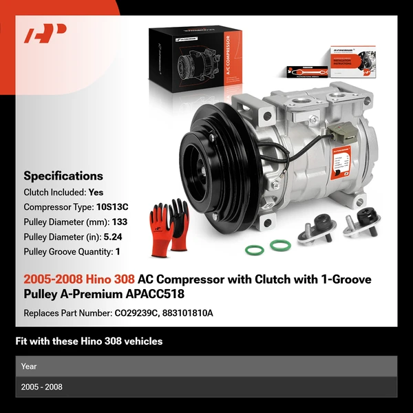 2005-2008 Hino 308 AC Compressor with Clutch with 1-Groove Pulley A-Premium APACC518