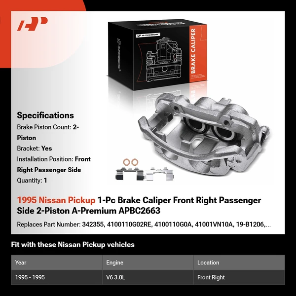 1995 Nissan Pickup 1-Pc Brake Caliper Front Right Passenger Side 2-Piston A-Premium APBC2663