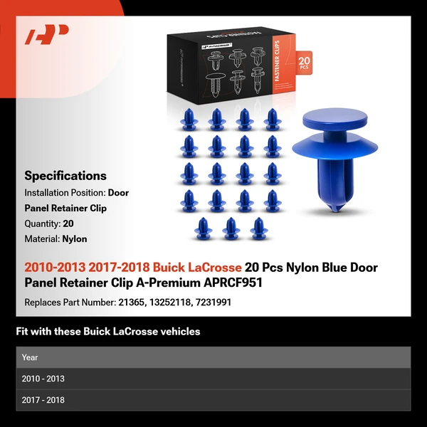2010-2013 2017-2018 Buick LaCrosse 20 Pcs Nylon Blue Door Panel Retainer Clip A-Premium APRCF951