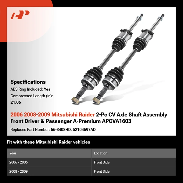 2006 2008-2009 Mitsubishi Raider 2-Pc CV Axle Shaft Assembly Front Driver & Passenger A-Premium APCVA1603