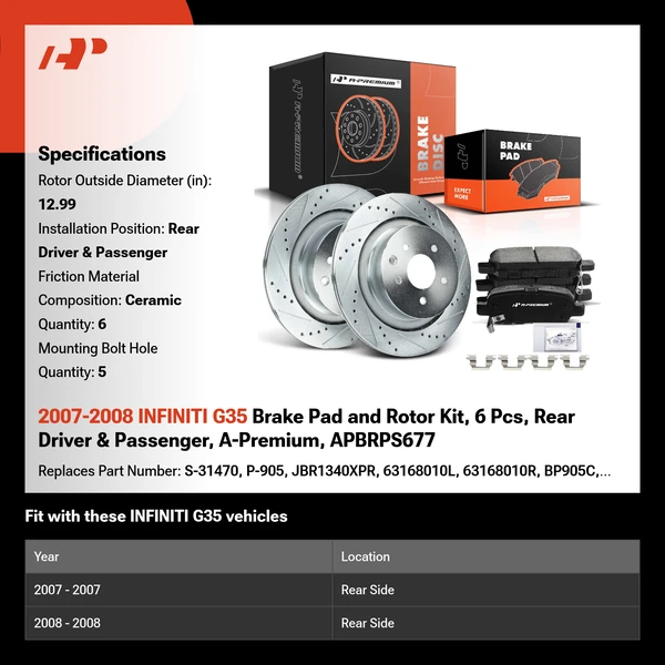 2007-2008 INFINITI G35 Brake Pad and Rotor Kit, 6 Pcs, Rear Driver & Passenger, A-Premium, APBRPS677