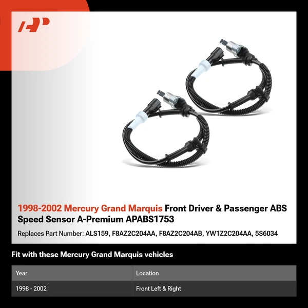 1998-2002 Mercury Grand Marquis Front Driver & Passenger ABS Speed Sensor A-Premium APABS1753