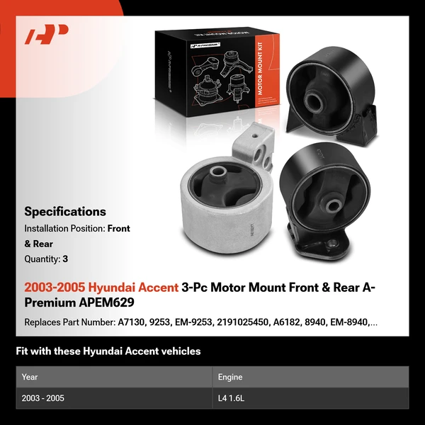 2003-2005 Hyundai Accent 3-Pc Motor Mount Front & Rear A-Premium APEM629