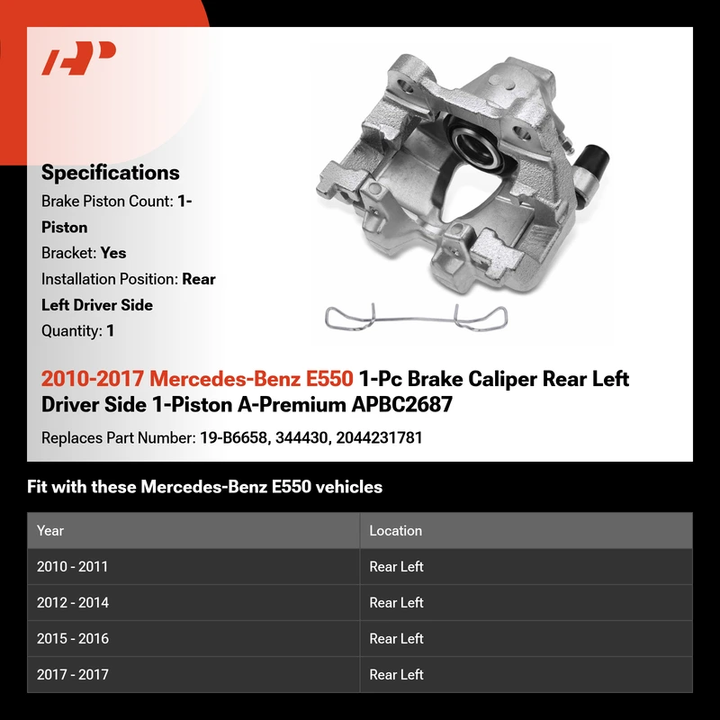 2010-2017 Mercedes-Benz E550 1-Pc Brake Caliper Rear Left Driver Side 1-Piston A-Premium APBC2687