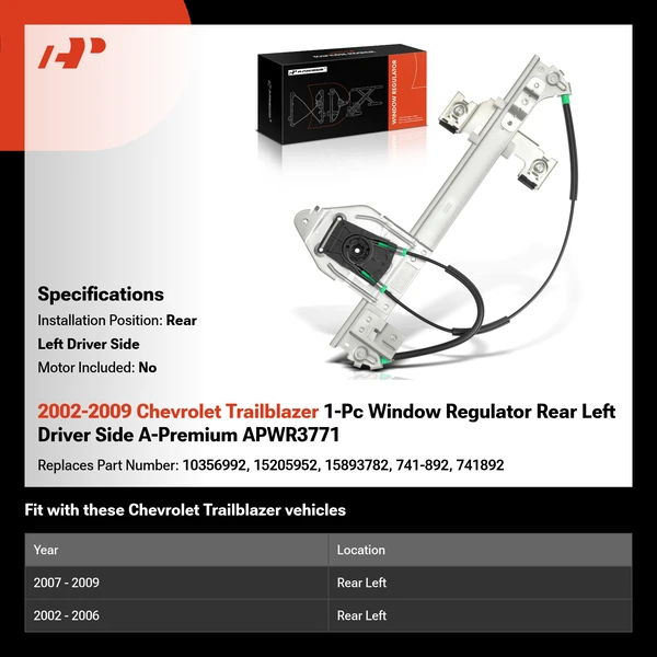 2002-2009 Chevrolet Trailblazer 1-Pc Window Regulator Rear Left Driver Side A-Premium APWR3771