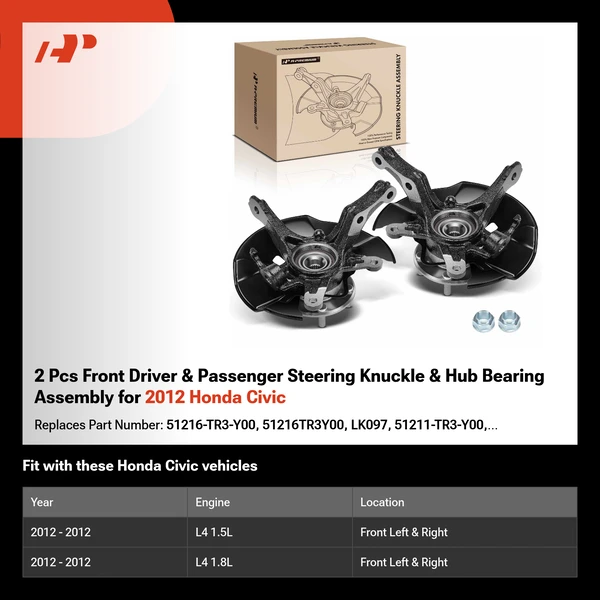 2 Pcs Front Driver & Passenger Steering Knuckle & Hub Bearing Assembly for 2012 Honda Civic