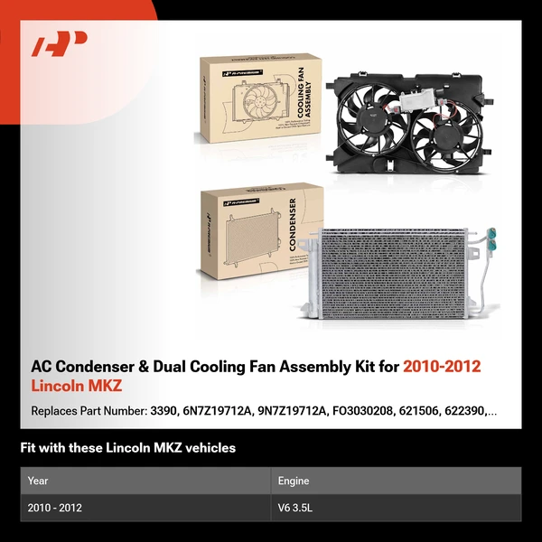 AC Condenser & Dual Cooling Fan Assembly Kit for 2010-2012 Lincoln MKZ
