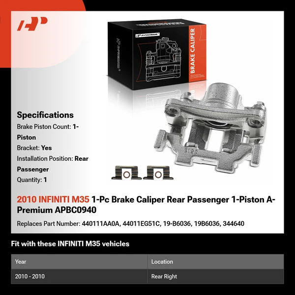 2010 INFINITI M35 1-Pc Brake Caliper Rear Passenger 1-Piston A-Premium APBC0940