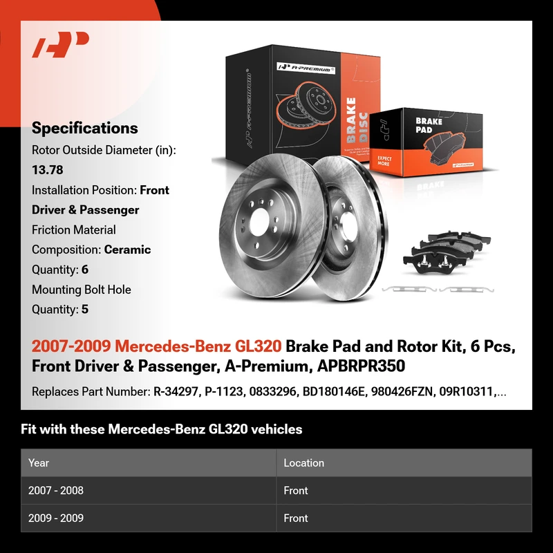 2007-2009 Mercedes-Benz GL320 Brake Pad and Rotor Kit, 6 Pcs, Front Driver & Passenger, A-Premium, APBRPR350