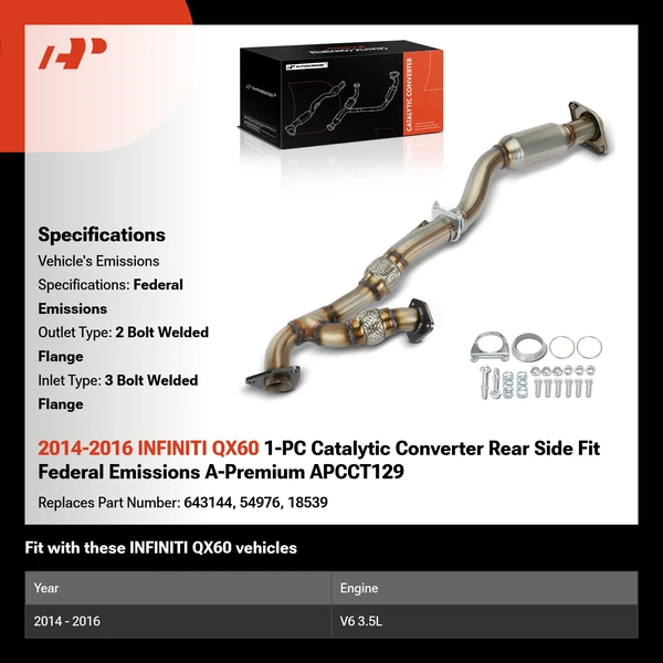 2014-2016 INFINITI QX60 1-PC Catalytic Converter Rear Side Fit Federal Emissions A-Premium APCCT129
