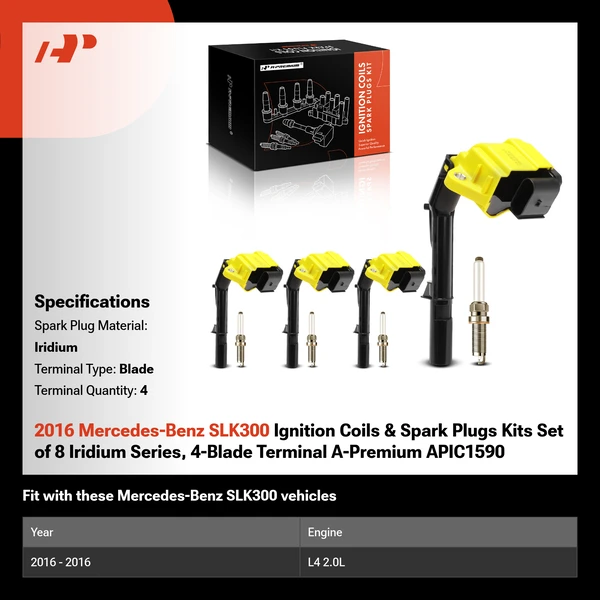 2016 Mercedes-Benz SLK300 Ignition Coils & Spark Plugs Kits Set of 8 Iridium Series, 4-Blade Terminal A-Premium APIC1590