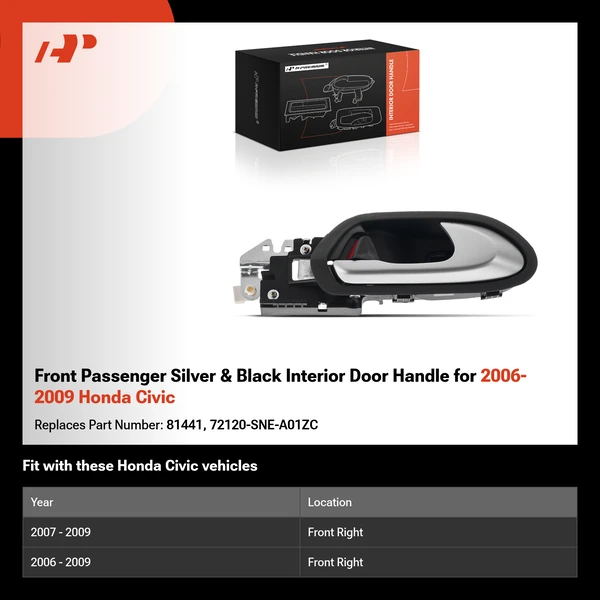 Front Passenger Silver & Black Interior Door Handle for 2006-2009 Honda Civic