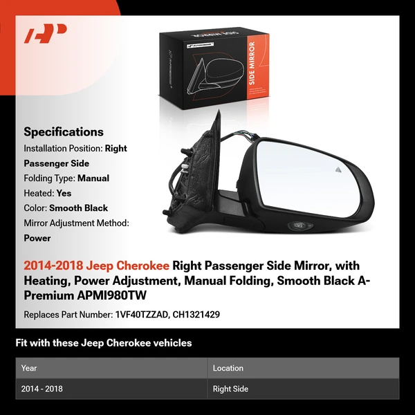 2014-2018 Jeep Cherokee Right Passenger Side Mirror, with Heating, Power Adjustment, Manual Folding, Smooth Black A-Premium APMI980TW
