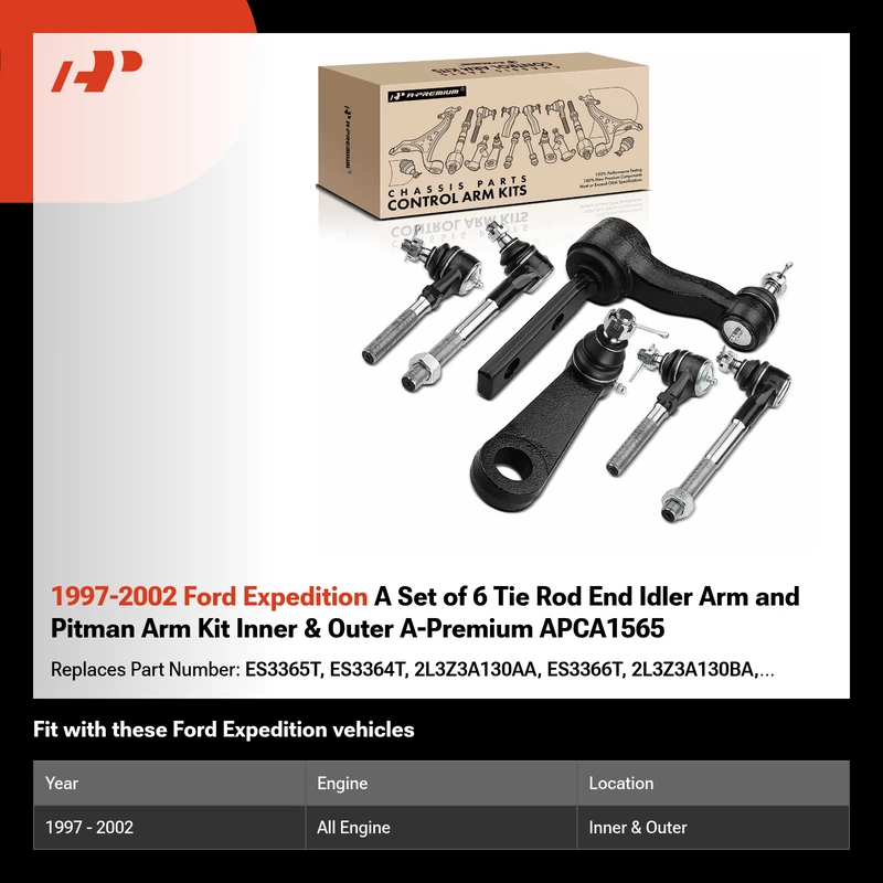 1997-2002 Ford Expedition A Set of 6 Tie Rod End Idler Arm and Pitman Arm Kit Inner & Outer A-Premium APCA1565