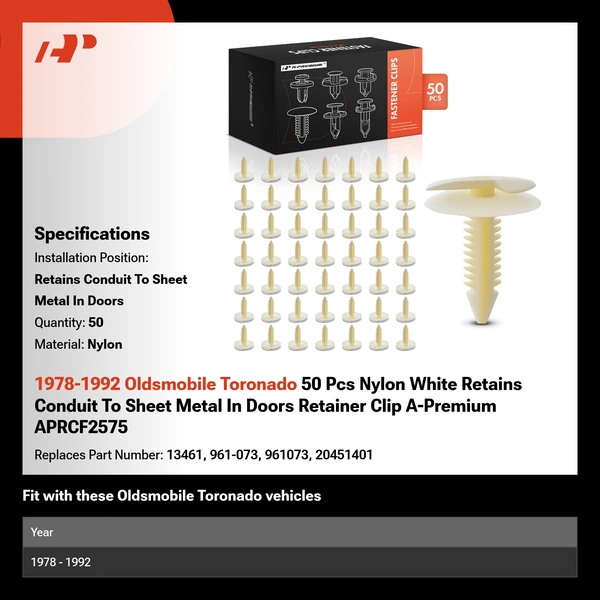 1978-1992 Oldsmobile Toronado 50 Pcs Nylon White Retains Conduit To Sheet Metal In Doors Retainer Clip A-Premium APRCF2575