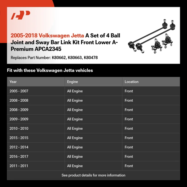 2005-2018 Volkswagen Jetta A Set of 4 Ball Joint and Sway Bar Link Kit Front Lower A-Premium APCA2345