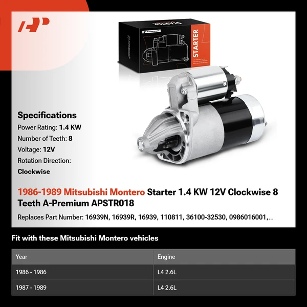 1986-1989 Mitsubishi Montero Starter 1.4 KW 12V Clockwise 8 Teeth A-Premium APSTR018