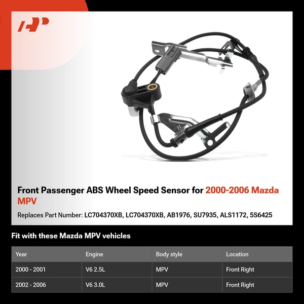 Front Passenger ABS Wheel Speed Sensor for 2000-2006 Mazda MPV