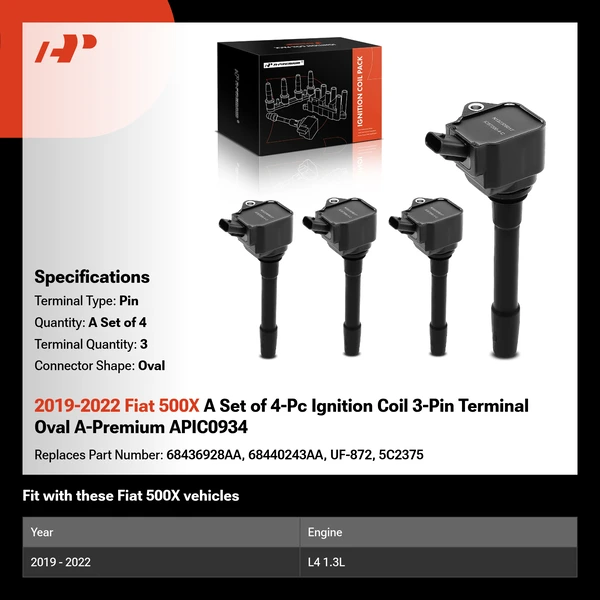 2019-2022 Fiat 500X A Set of 4-Pc Ignition Coil 3-Pin Terminal Oval A-Premium APIC0934