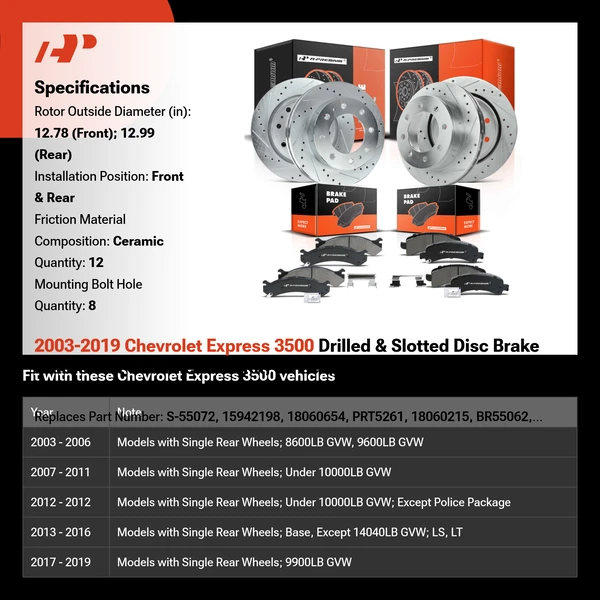 2003-2019 Chevrolet Express 3500 Drilled & Slotted Disc Brake Rotors and Ceramic Pads Kit, 12 Pcs, Front & Rear, A-Premium, APBRPS133