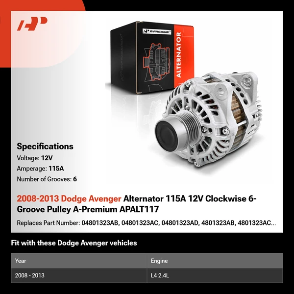 2008-2013 Dodge Avenger Alternator 115A 12V Clockwise 6-Groove Pulley A-Premium APALT117