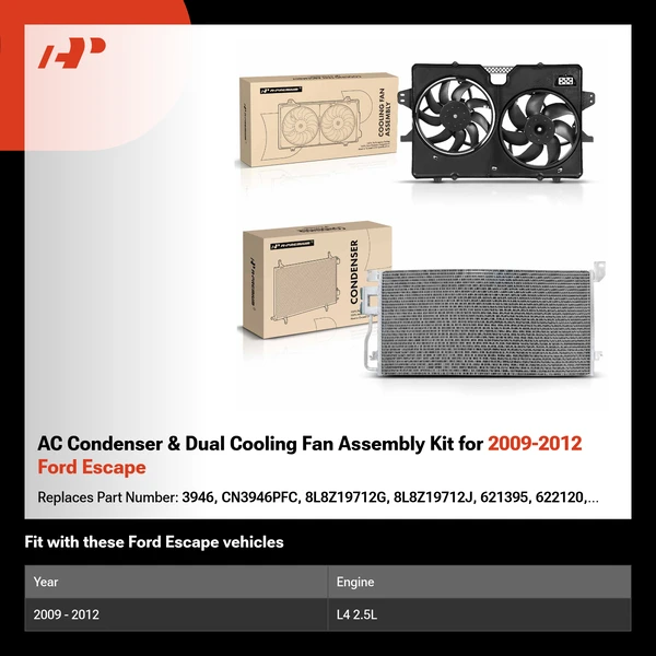 AC Condenser & Dual Cooling Fan Assembly Kit for 2009-2012 Ford Escape