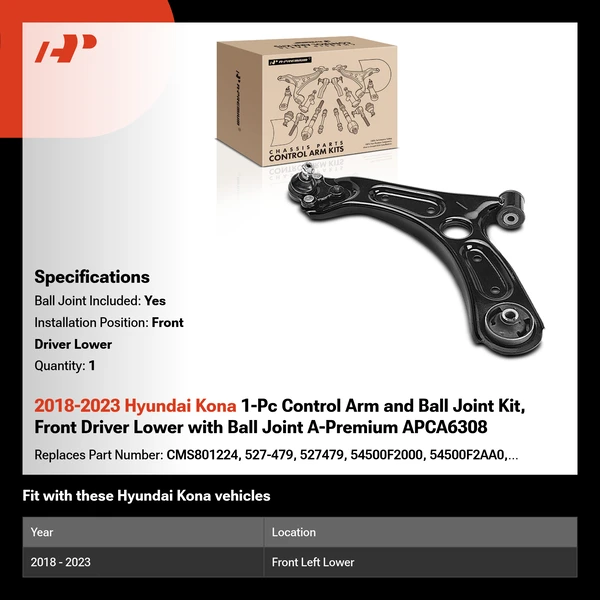 2018-2023 Hyundai Kona 1-Pc Control Arm and Ball Joint Kit, Front Driver Lower with Ball Joint A-Premium APCA6308
