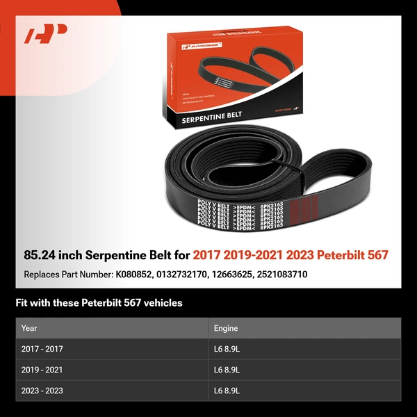 85.24 inch Serpentine Belt for 2017 2019-2021 2023 Peterbilt 567