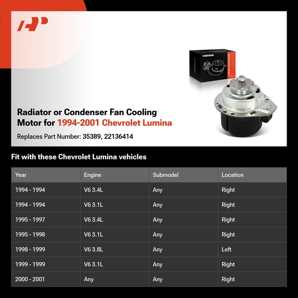 Radiator or Condenser Fan Cooling Motor for 1994-2001 Chevrolet Lumina