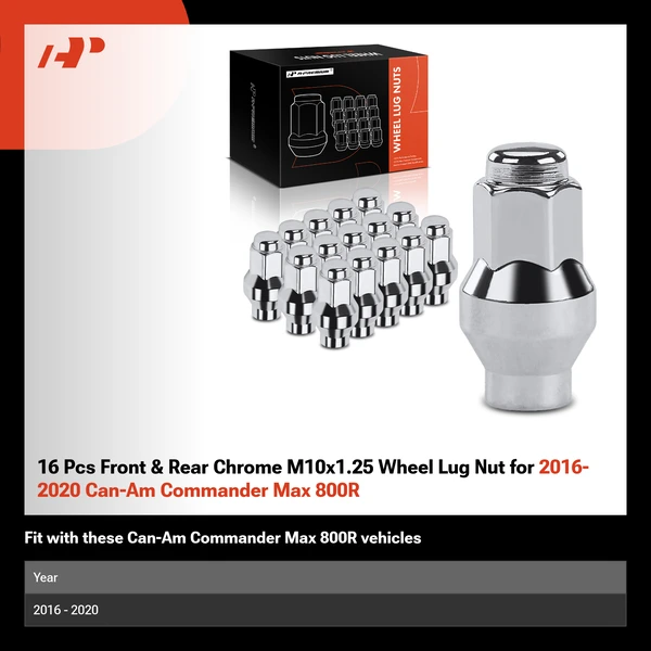 16 Pcs Front & Rear Chrome M10x1.25 Wheel Lug Nut for 2016-2020 Can-Am Commander Max 800R