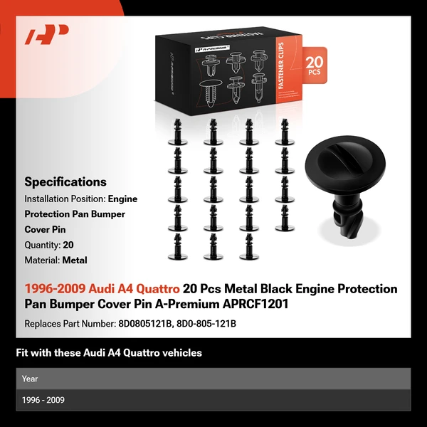 1996-2009 Audi A4 Quattro 20 Pcs Metal Black Engine Protection Pan Bumper Cover Pin A-Premium APRCF1201