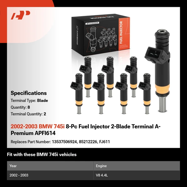 2002-2003 BMW 745i 8-Pc Fuel Injector 2-Blade Terminal A-Premium APFI614