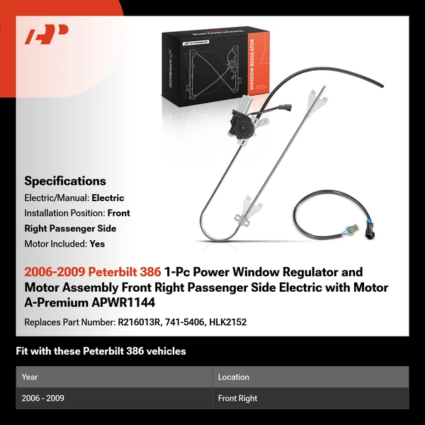 2006-2009 Peterbilt 386 1-Pc Power Window Regulator and Motor Assembly Front Right Passenger Side Electric with Motor A-Premium APWR1144