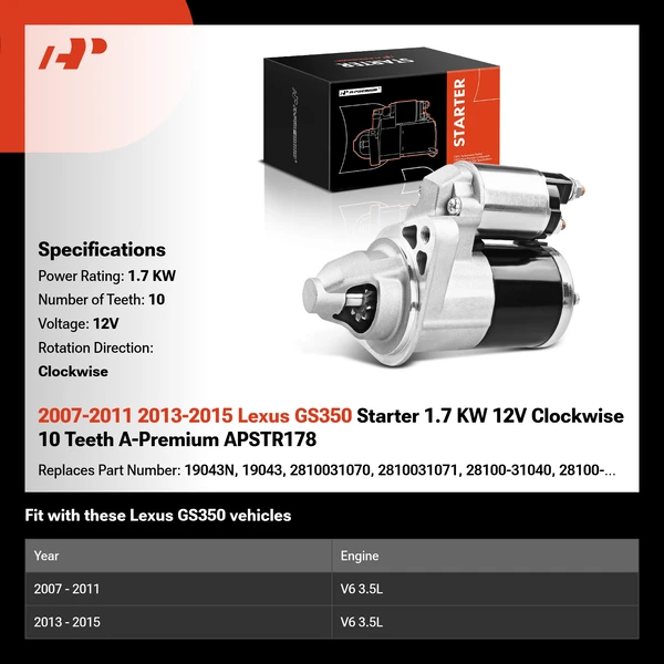 2007-2011 2013-2015 Lexus GS350 Starter 1.7 KW 12V Clockwise 10 Teeth A-Premium APSTR178