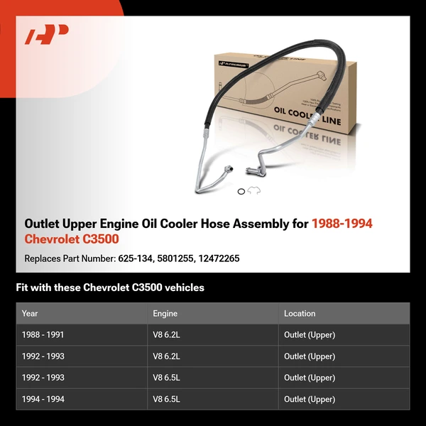 Outlet Upper Engine Oil Cooler Hose Assembly for 1988-1994 Chevrolet C3500