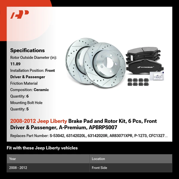 2008-2012 Jeep Liberty Brake Pad and Rotor Kit, 6 Pcs, Front Driver & Passenger, A-Premium, APBRPS007