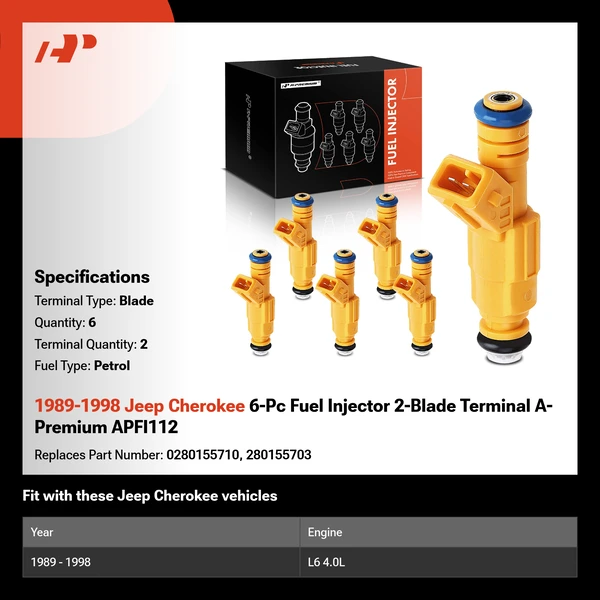 1989-1998 Jeep Cherokee 6-Pc Fuel Injector 2-Blade Terminal A-Premium APFI112