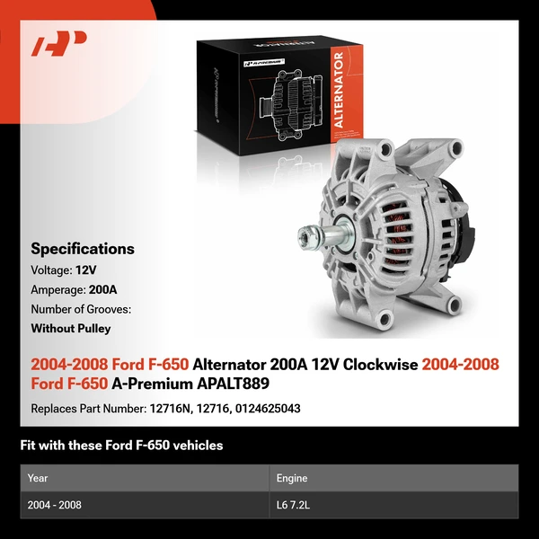 2004-2008 Ford F-650 Alternator 200A 12V Clockwise 2004-2008 Ford F-650 A-Premium APALT889