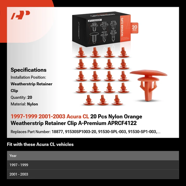 1997-1999 2001-2003 Acura CL 20 Pcs Nylon Orange Weatherstrip Retainer Clip A-Premium APRCF4122
