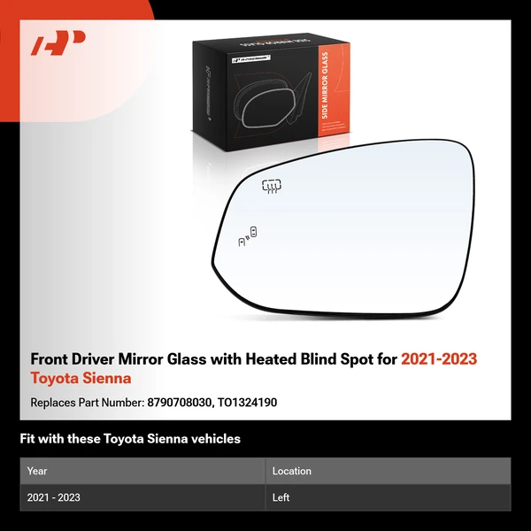 Front Driver Mirror Glass with Heated Blind Spot for 2021-2023 Toyota Sienna