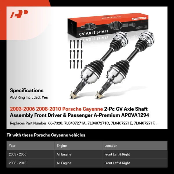 2003-2006 2008-2010 Porsche Cayenne 2-Pc CV Axle Shaft Assembly Front Driver & Passenger A-Premium APCVA1294