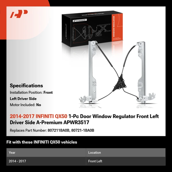 2014-2017 INFINITI QX50 1-Pc Door Window Regulator Front Left Driver Side A-Premium APWR3517