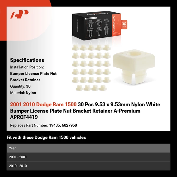 2001 2010 Dodge Ram 1500 30 Pcs 9.53 x 9.53mm Nylon White Bumper License Plate Nut Bracket Retainer A-Premium APRCF4419