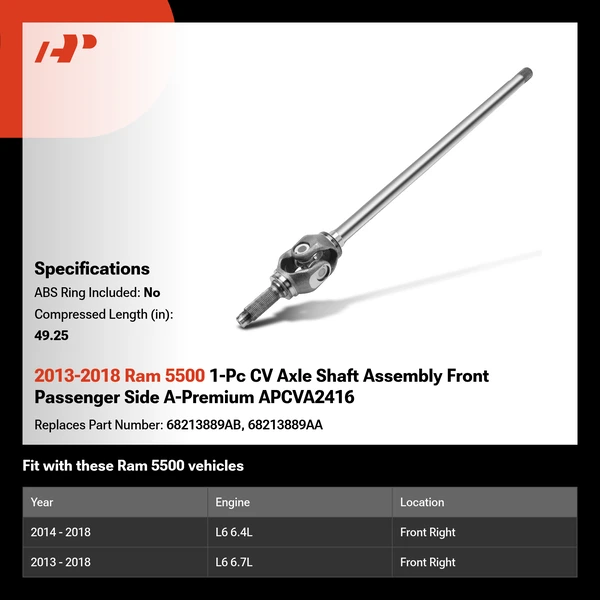 2013-2018 Ram 5500 1-Pc CV Axle Shaft Assembly Front Passenger Side A-Premium APCVA2416